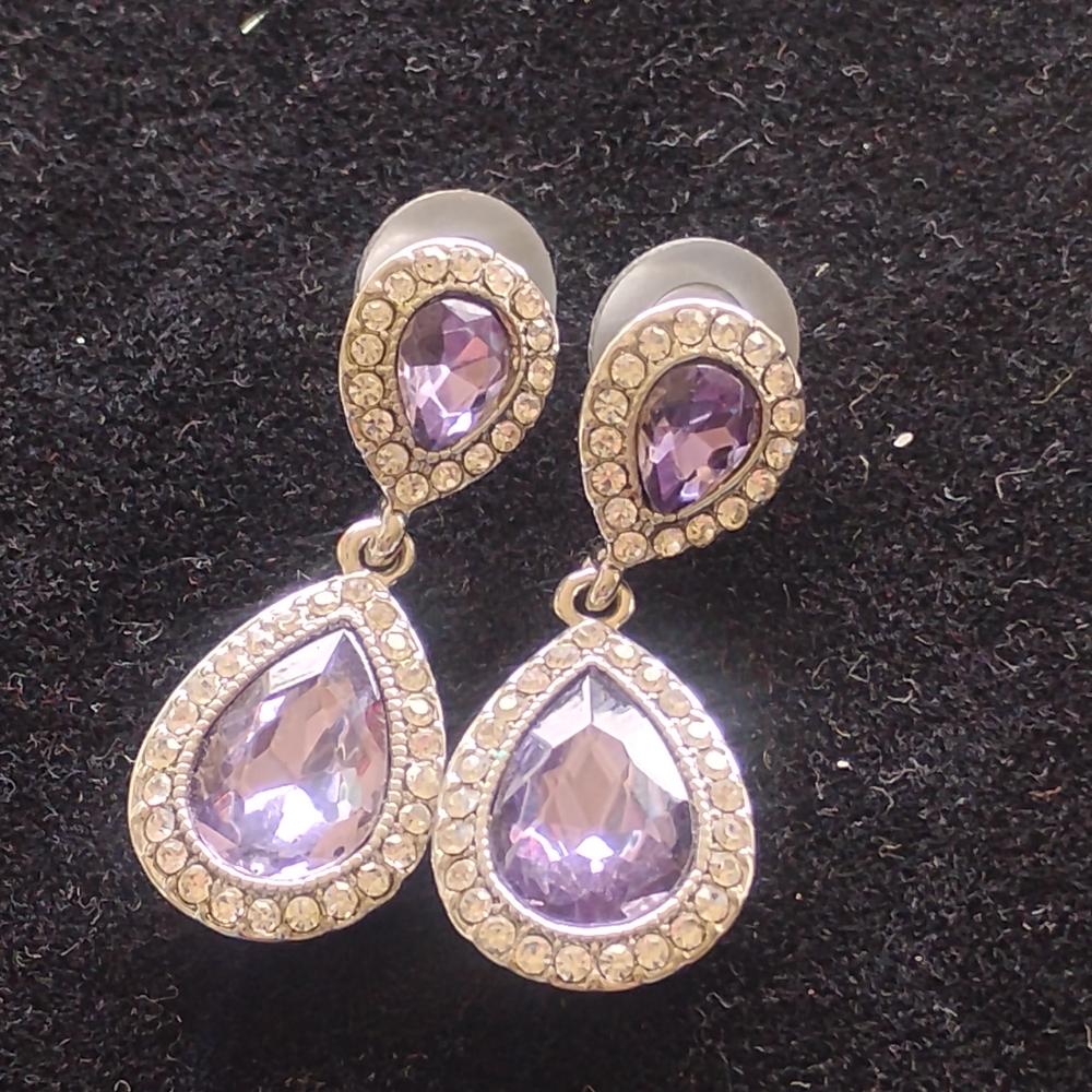 NWT Signed MONET Amethyst Crystal Dangle Earrings NEW On Card Silver Tone